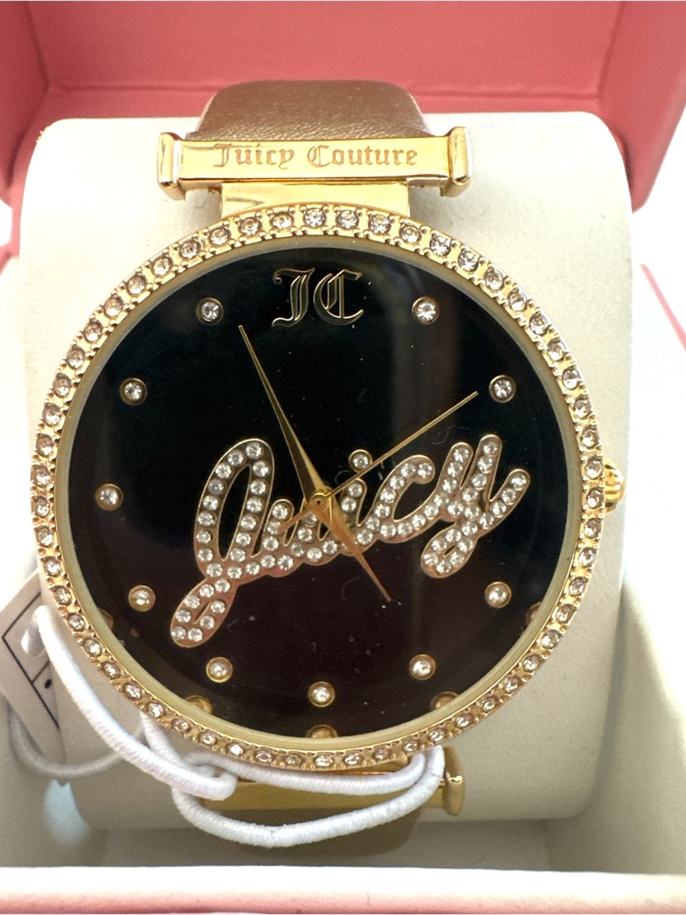 Juicy Couture Gold Crystal 'Juicy' Watch with Black Dial and Gold Leather Strap